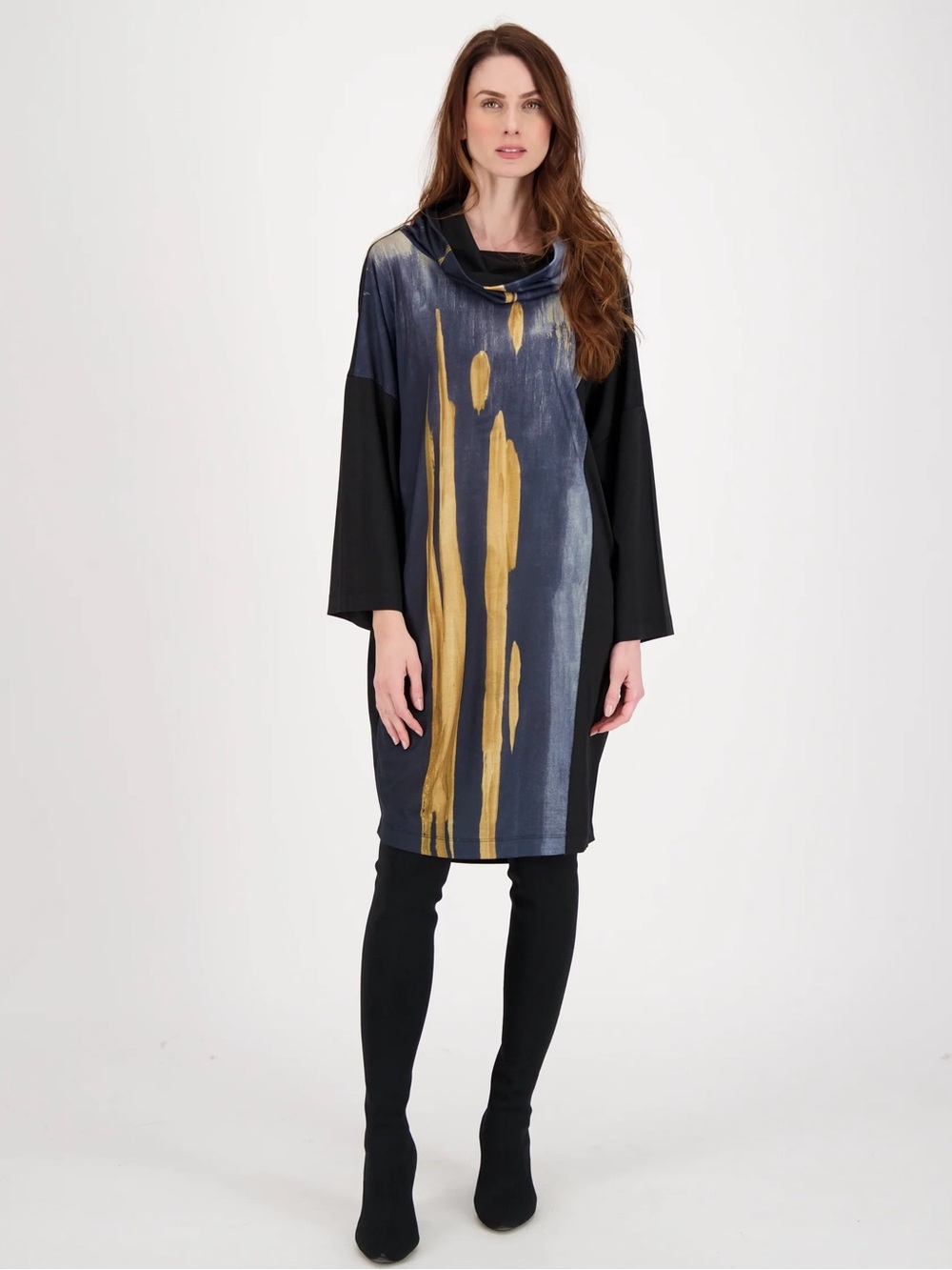 Ozai N Ku Cowl Neck Brushstroke Dress Women’s Size S Stretch Jersey Knit Pockets